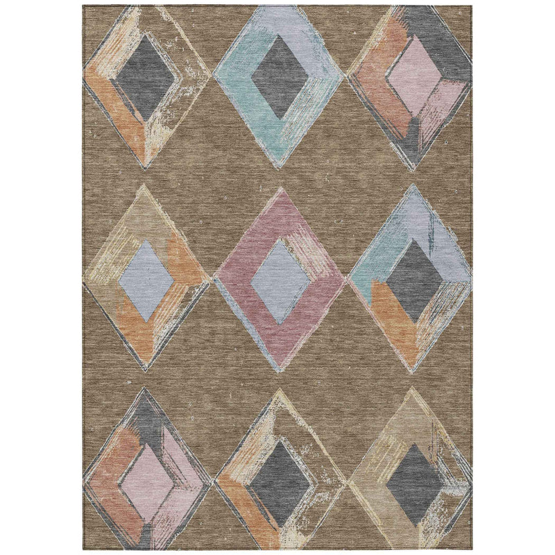 9' X 12' Brown Mauve And Charcoal Geometric Washable Indoor Outdoor Area Rug