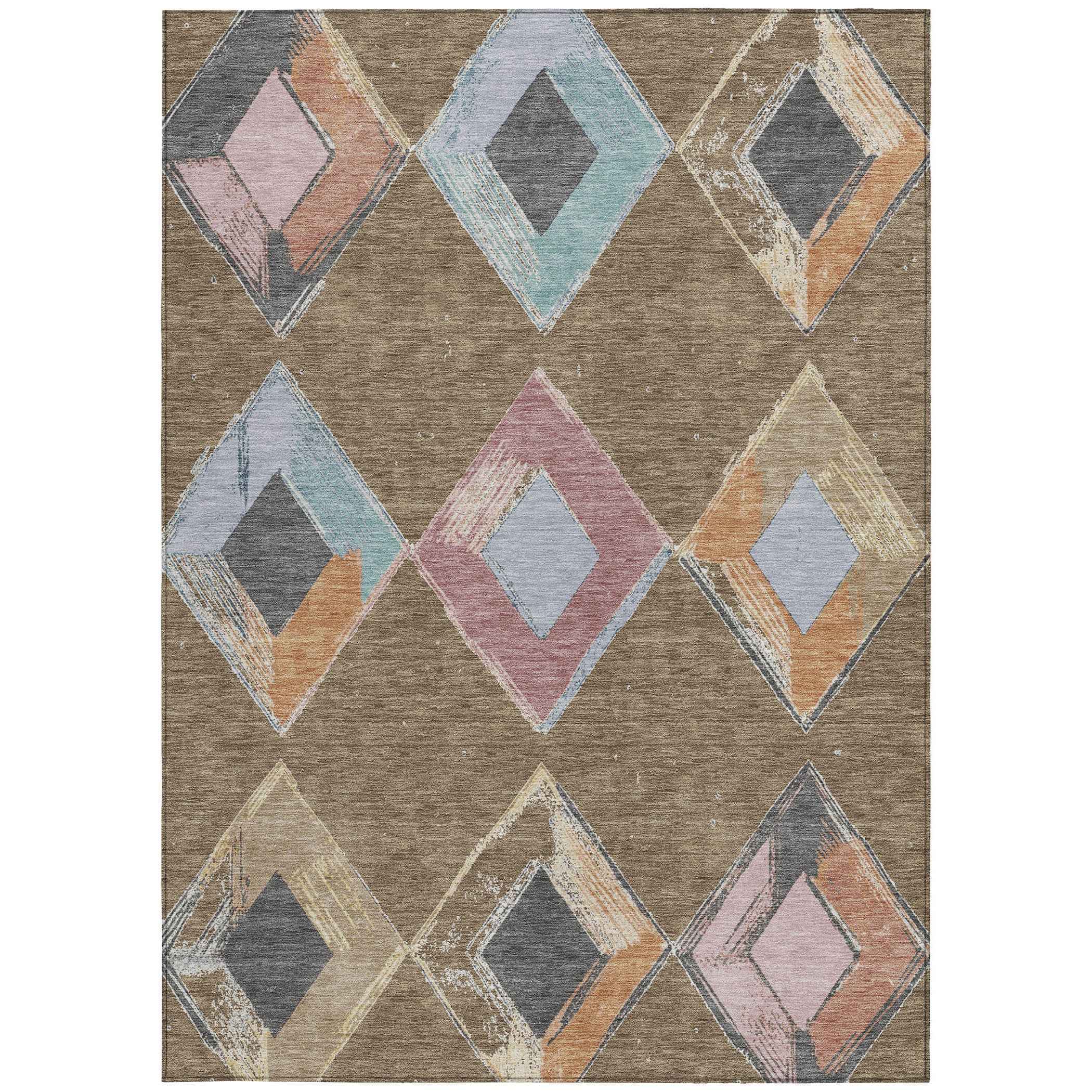 9' X 12' Brown Mauve And Charcoal Geometric Washable Indoor Outdoor Area Rug