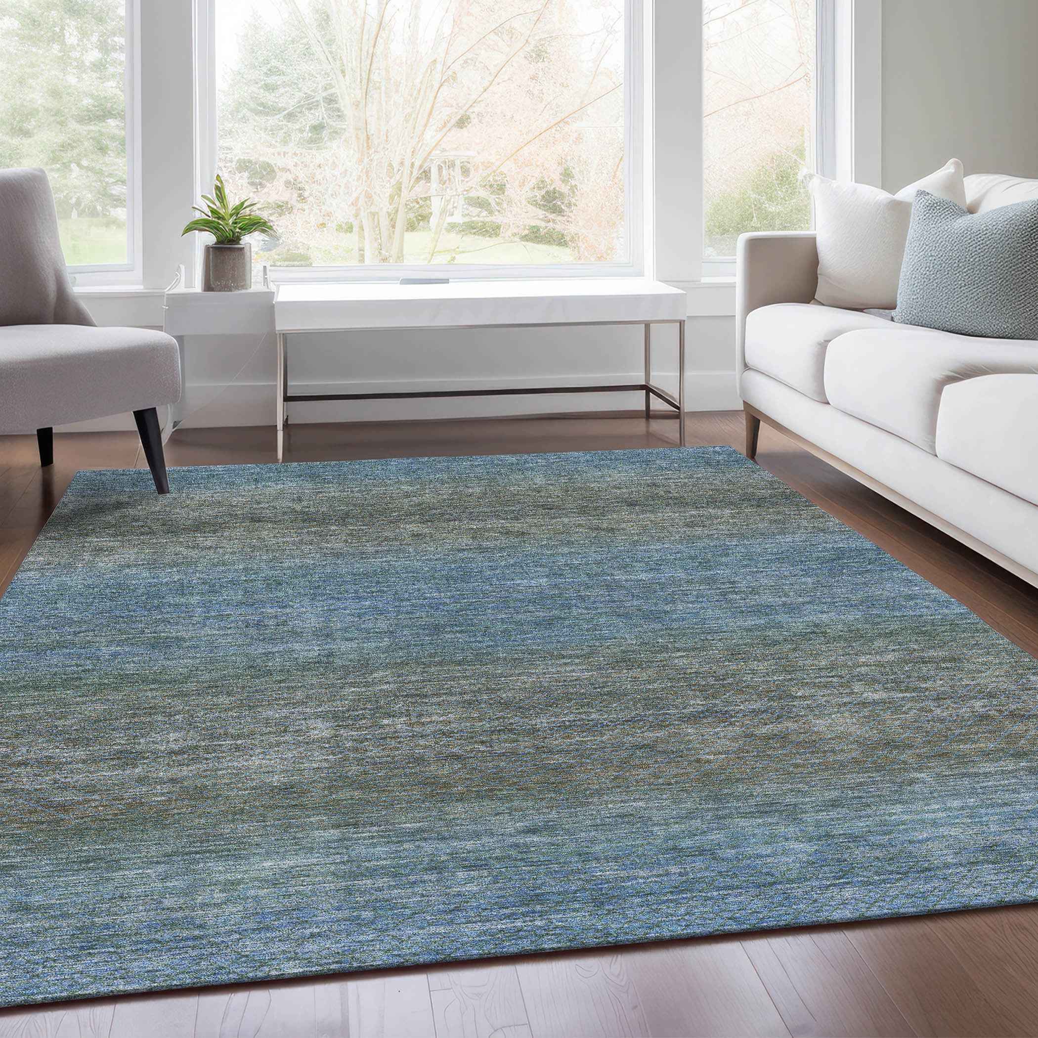 9' X 12' Blue And Taupe Geometric Washable Indoor Outdoor Area Rug