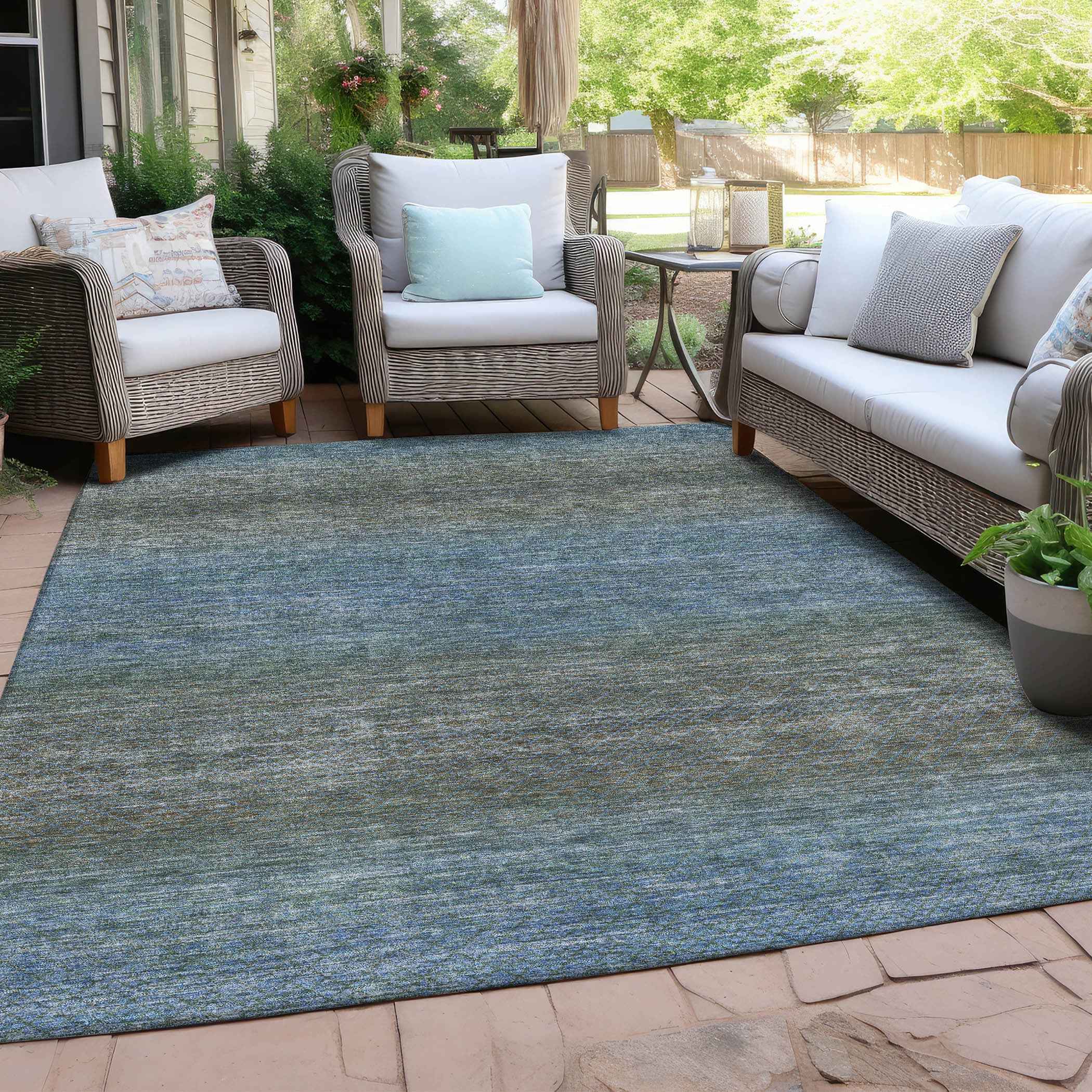 9' X 12' Blue And Taupe Geometric Washable Indoor Outdoor Area Rug
