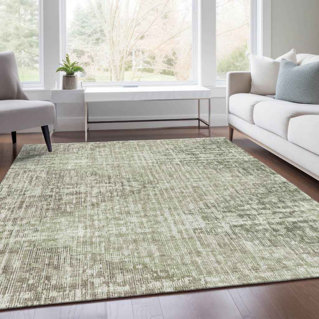 8' X 10' Fern Green And Ivory Geometric Washable Indoor Outdoor Area Rug