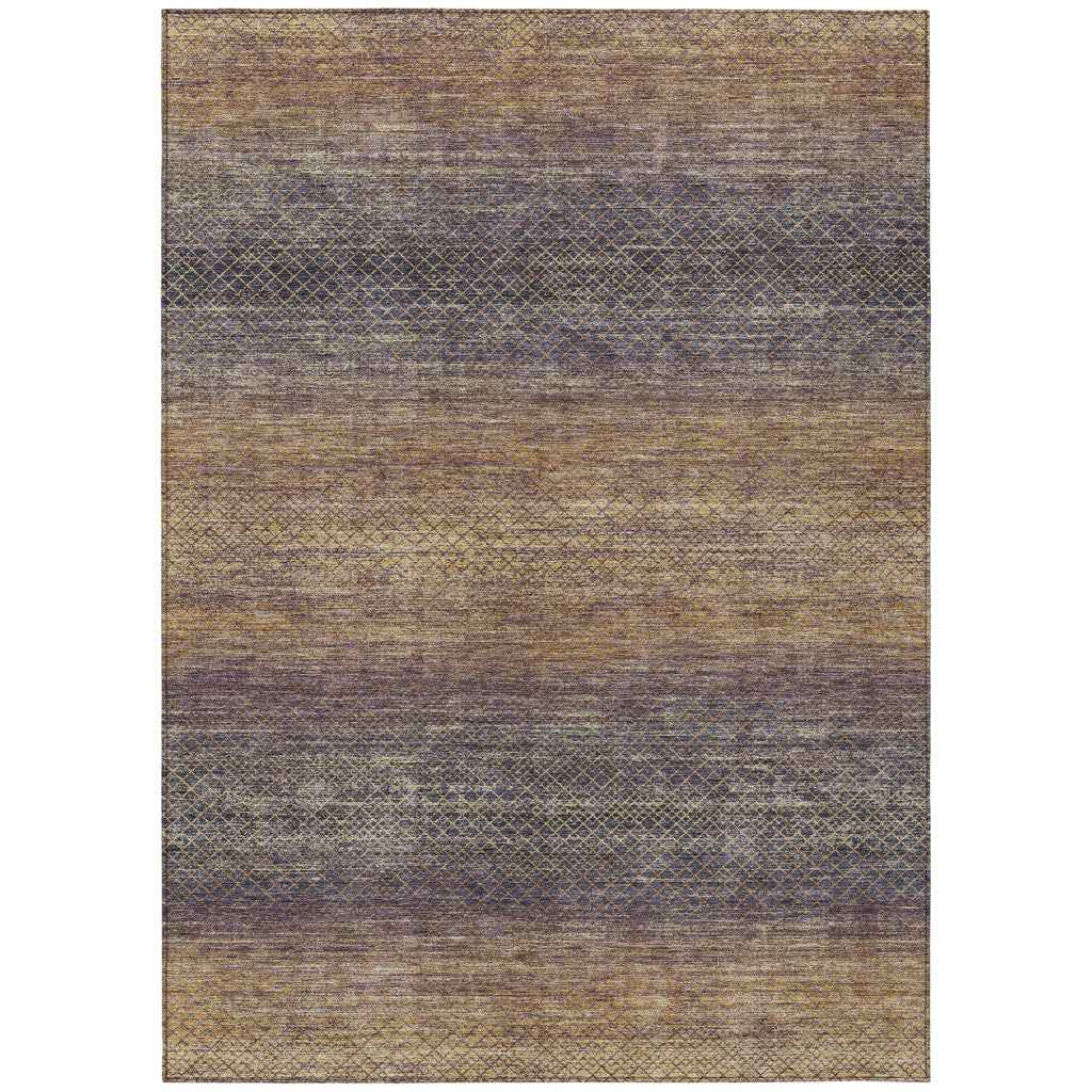 9' X 12' Eggplant And Brown Geometric Washable Indoor Outdoor Area Rug