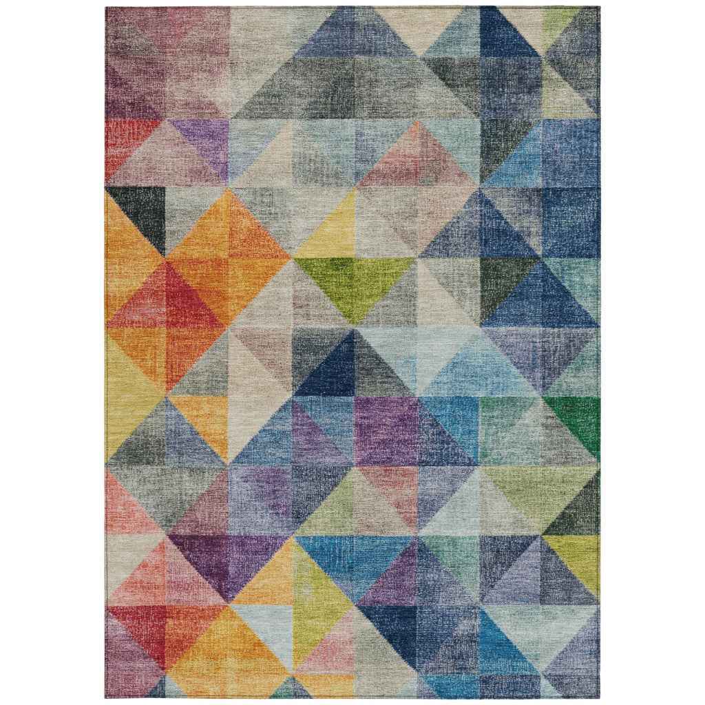 5' X 8' Beige Navy Blue And Orange Geometric Washable Indoor Outdoor Area Rug