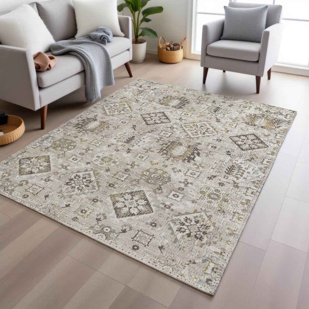 3' X 5' Linen And Ivory Floral Medallion Washable Indoor Outdoor Area Rug
