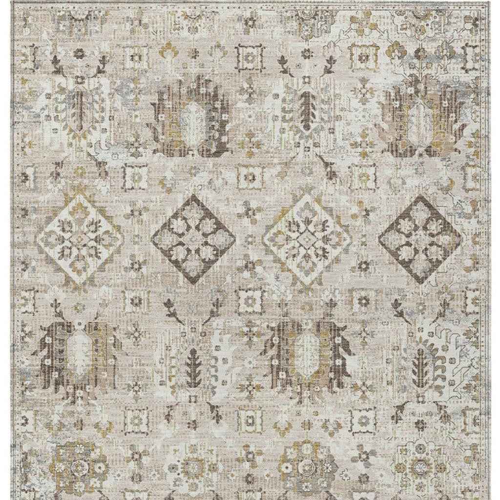 3' X 5' Linen And Ivory Floral Medallion Washable Indoor Outdoor Area Rug