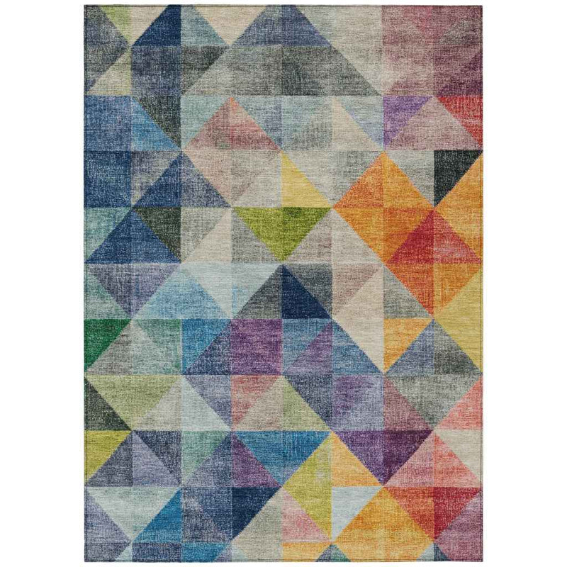 5' X 8' Beige Navy Blue And Orange Geometric Washable Indoor Outdoor Area Rug