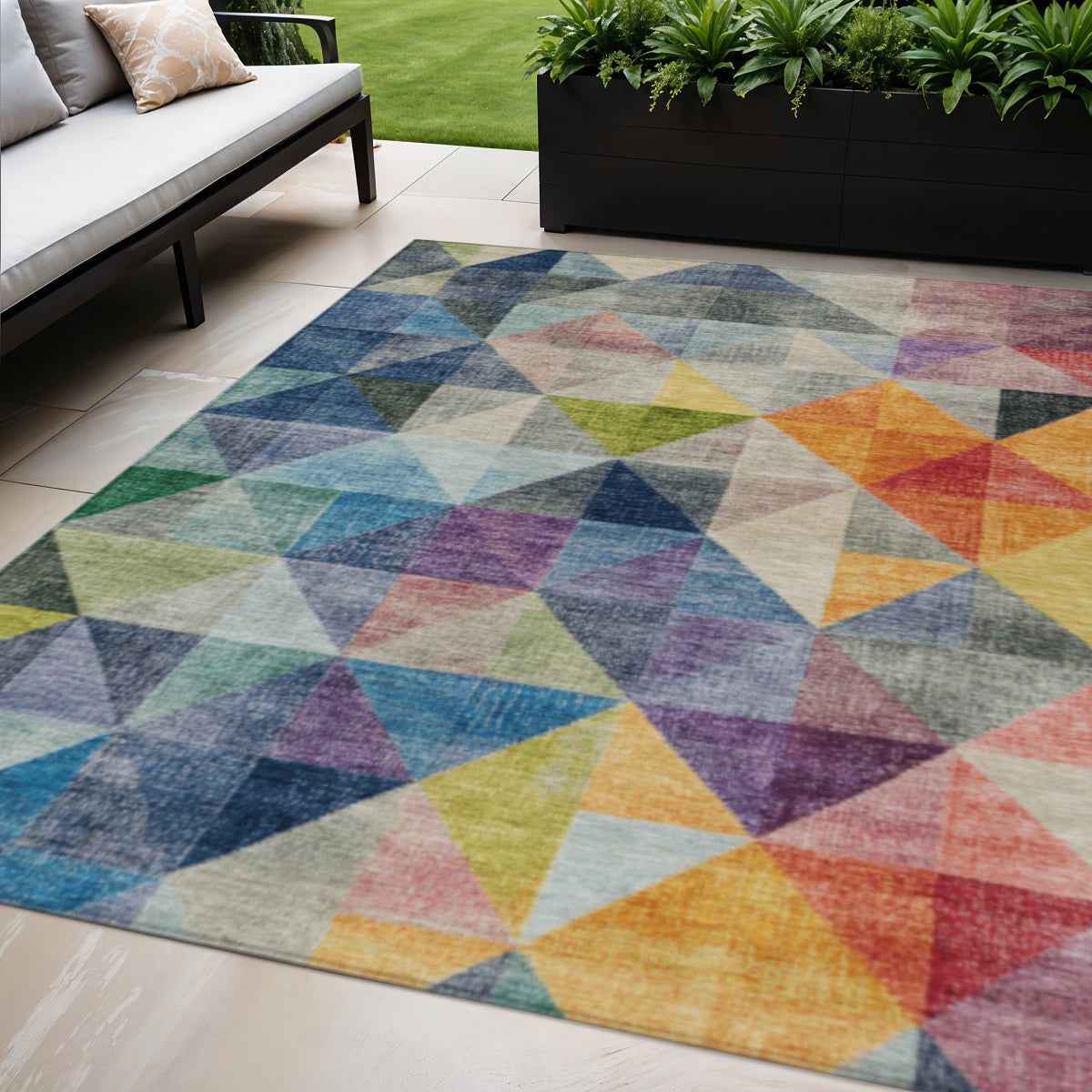 5' X 8' Beige Navy Blue And Orange Geometric Washable Indoor Outdoor Area Rug