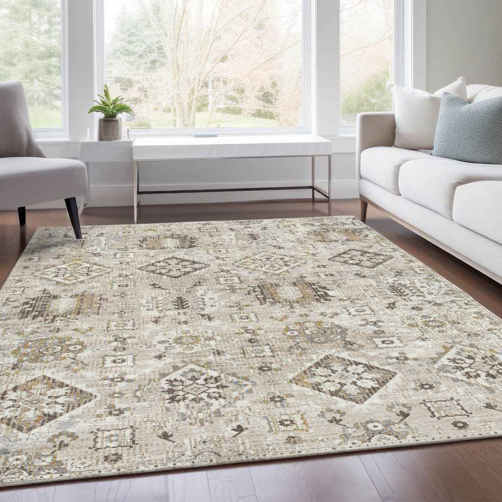 3' X 5' Linen And Ivory Floral Medallion Washable Indoor Outdoor Area Rug