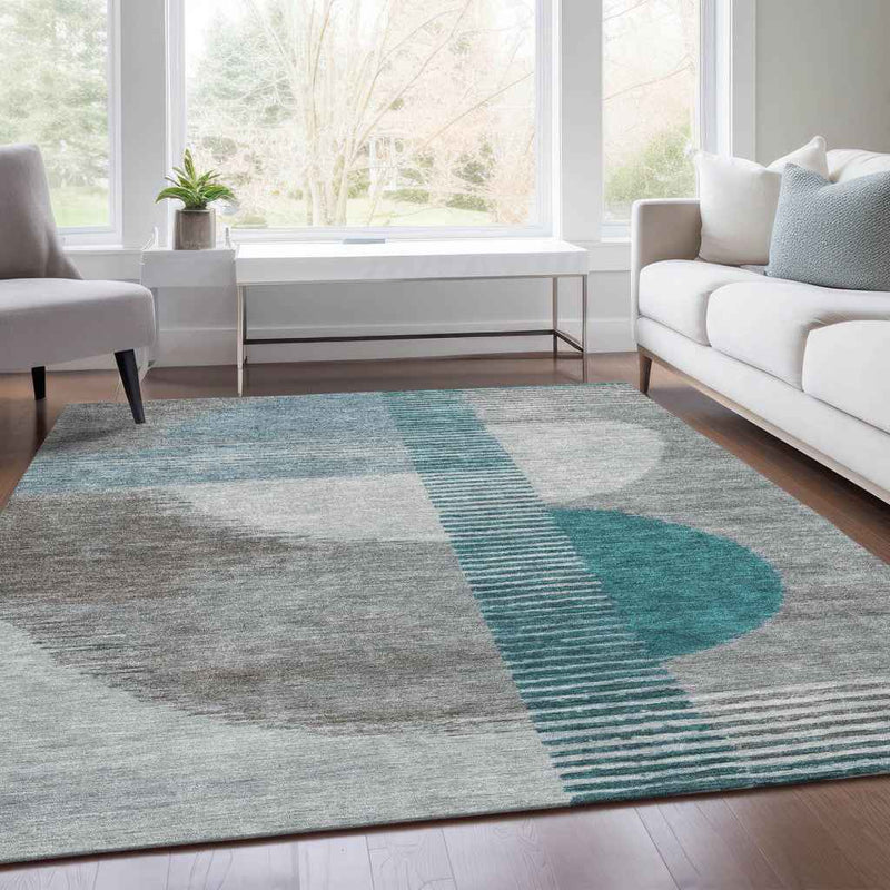 9' X 12' Teal Blue And Gray Geometric Washable Indoor Outdoor Area Rug