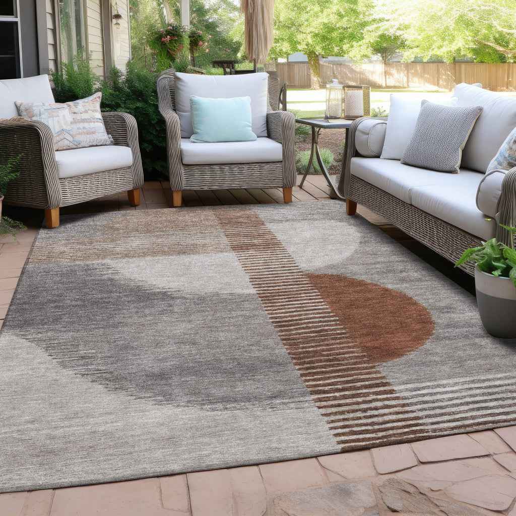 5' X 8' Taupe And Rust Geometric Washable Indoor Outdoor Area Rug