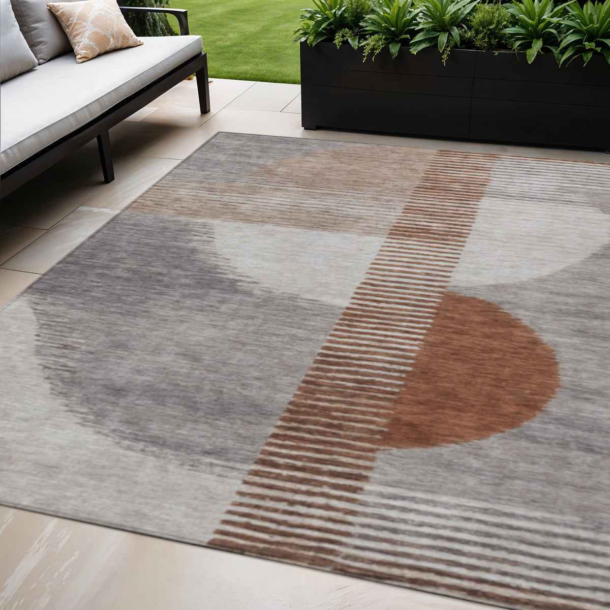 5' X 8' Taupe And Rust Geometric Washable Indoor Outdoor Area Rug