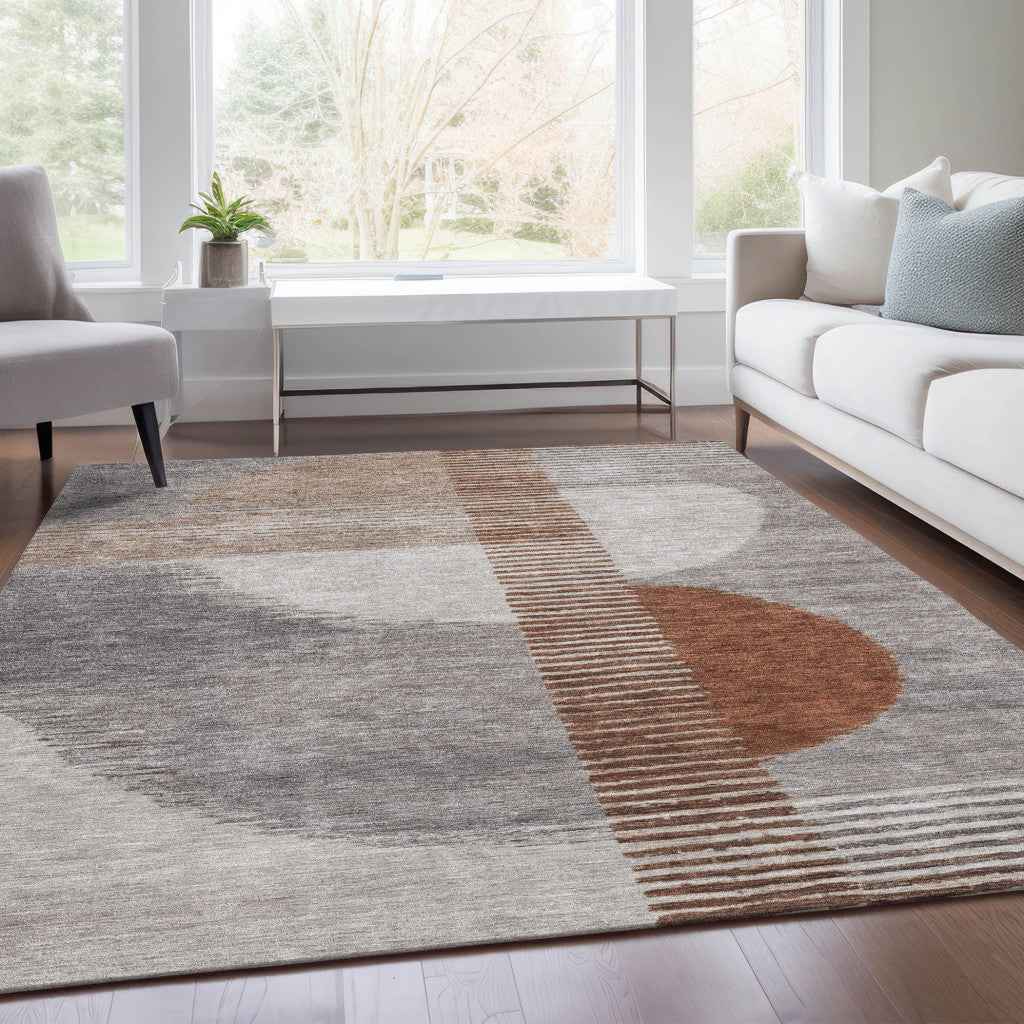 10' X 14' Taupe And Rust Geometric Washable Indoor Outdoor Area Rug