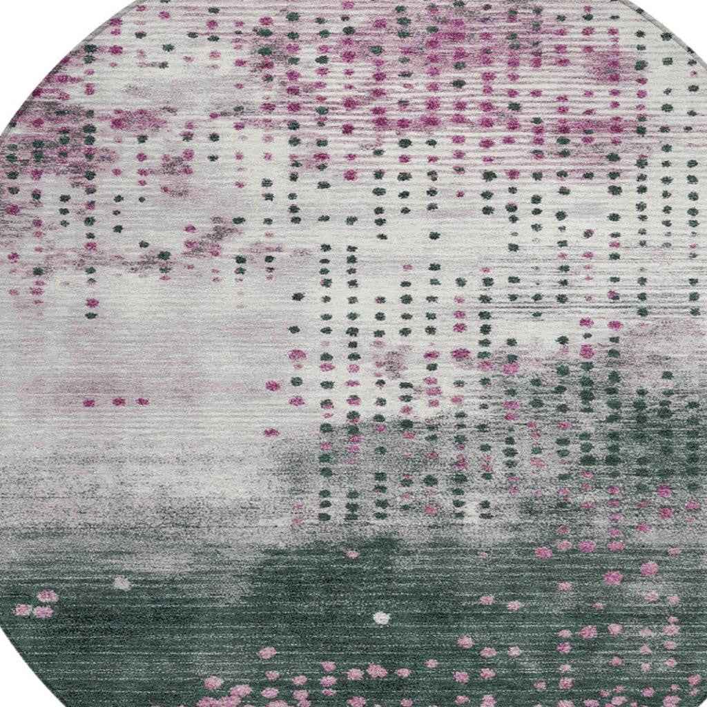 8' Blush And Emerald Round Geometric Washable Indoor Outdoor Area Rug