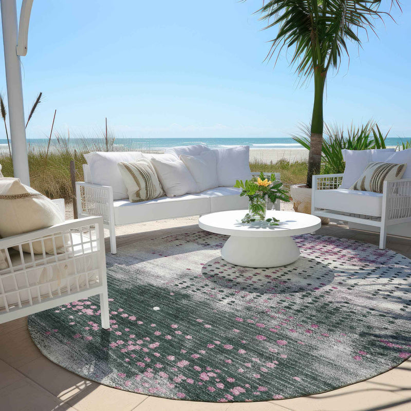 8' Blush And Emerald Round Geometric Washable Indoor Outdoor Area Rug