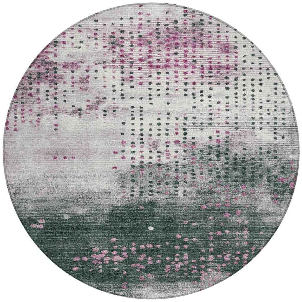 8' Blush And Emerald Round Geometric Washable Indoor Outdoor Area Rug