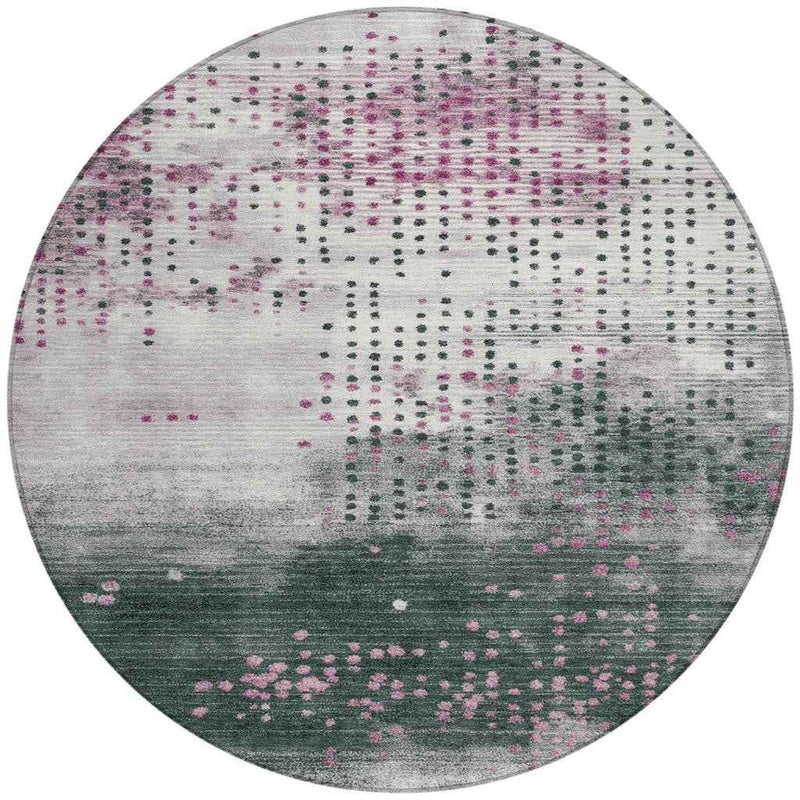 8' Blush And Emerald Round Geometric Washable Indoor Outdoor Area Rug