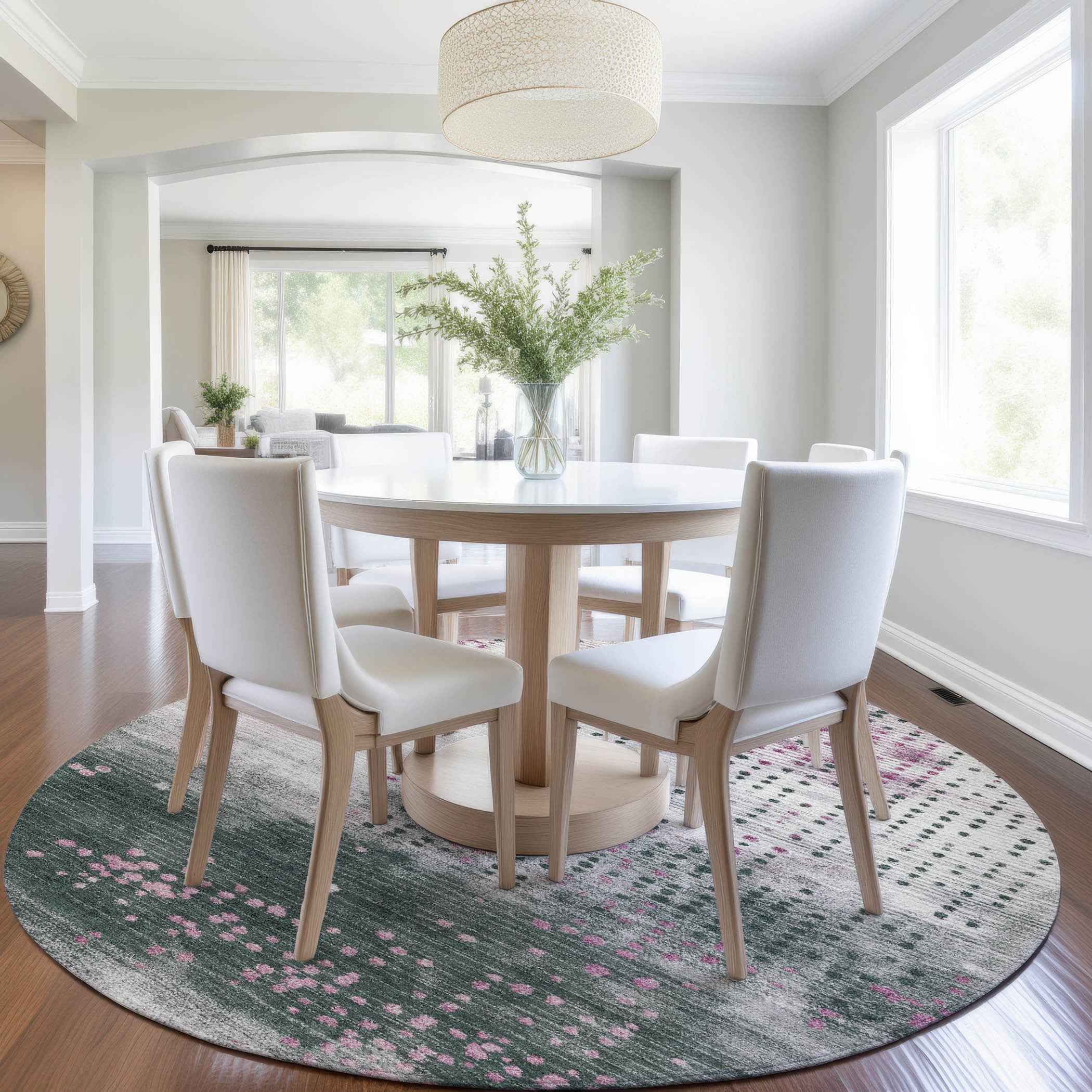 8' Blush And Emerald Round Geometric Washable Indoor Outdoor Area Rug