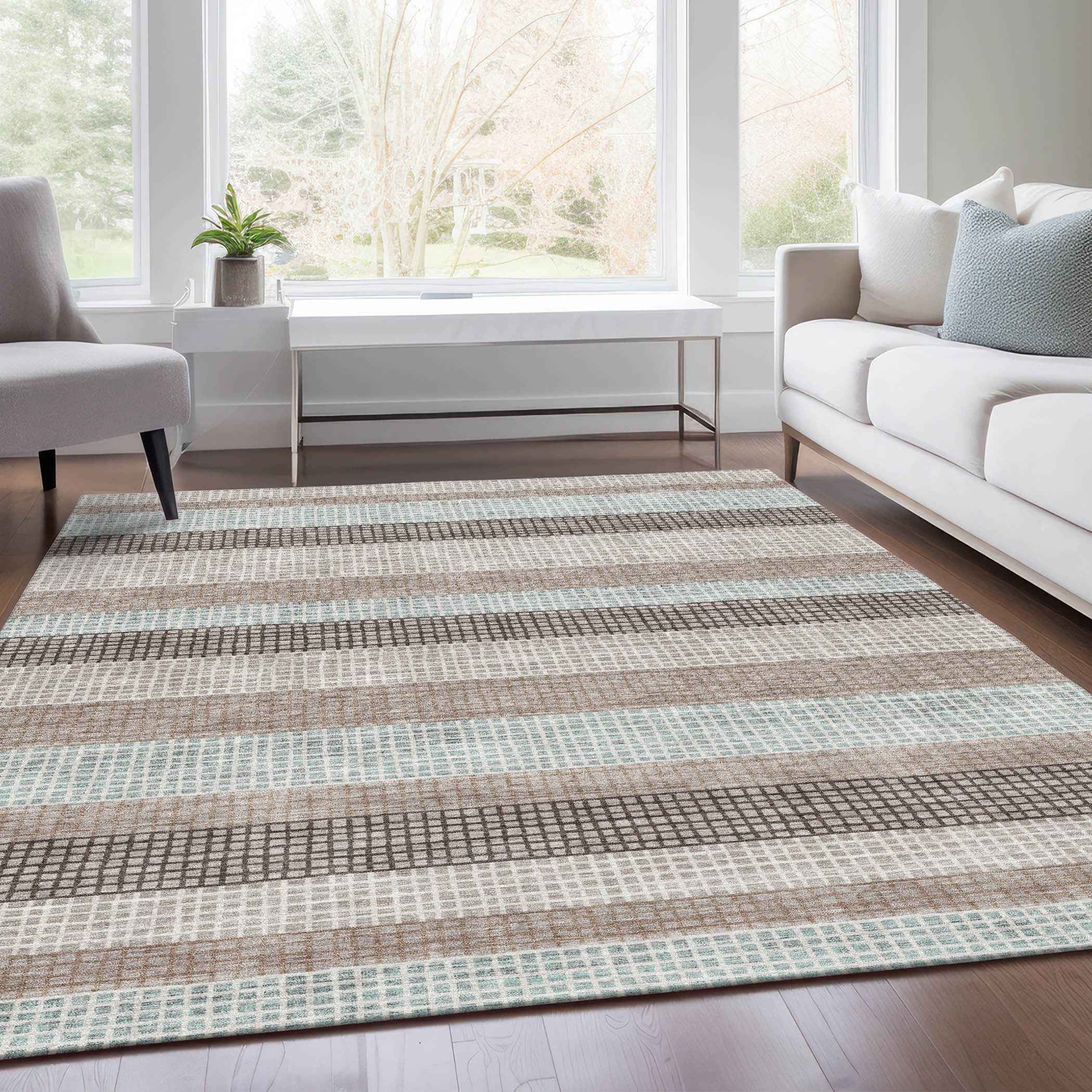 9' X 12' Taupe And Ivory Striped Washable Indoor Outdoor Area Rug