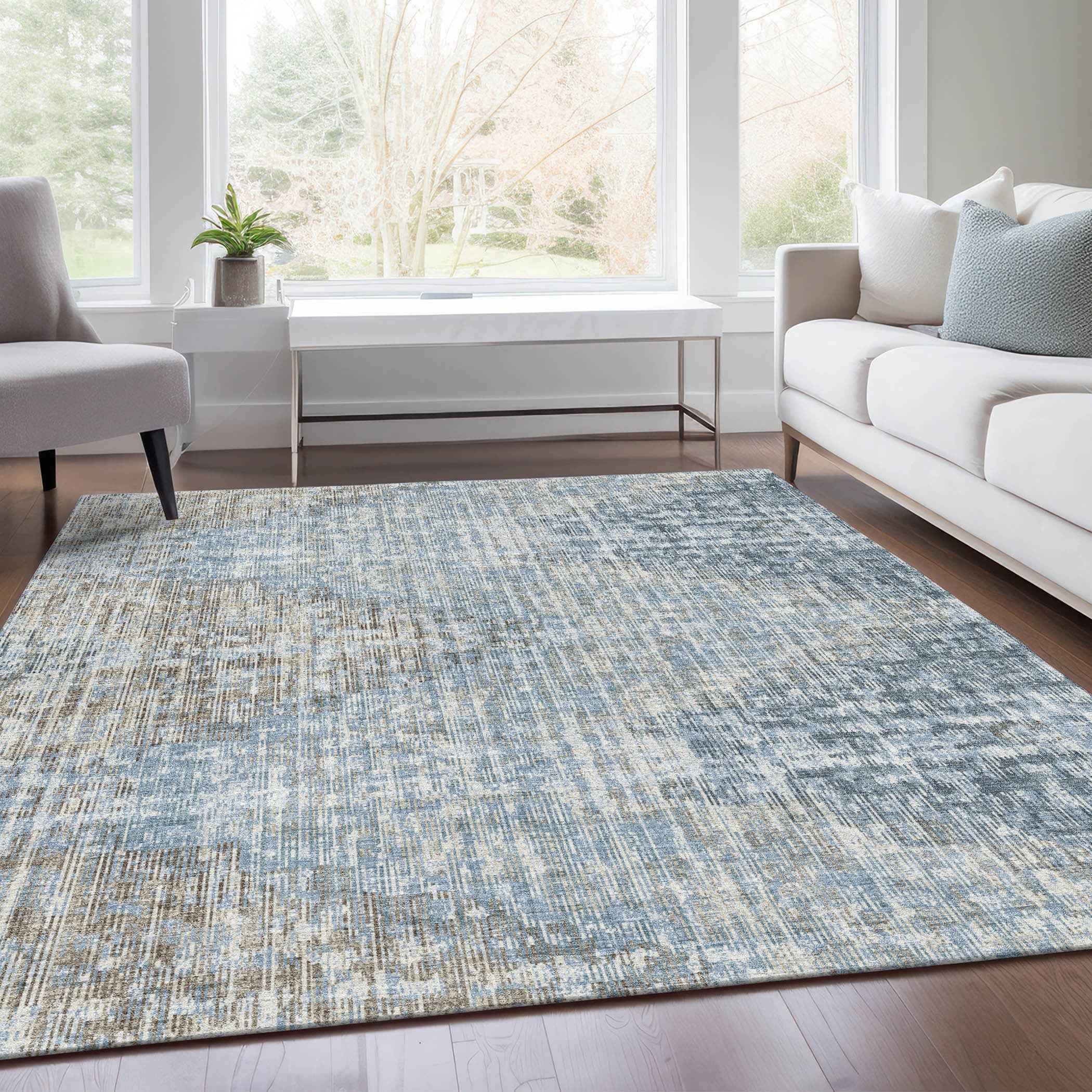 8' X 10' Denim Blue And Beige Geometric Washable Indoor Outdoor Area Rug
