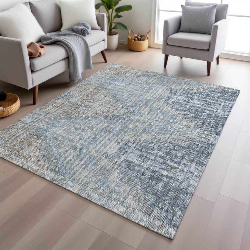 8' X 10' Denim Blue And Beige Geometric Washable Indoor Outdoor Area Rug