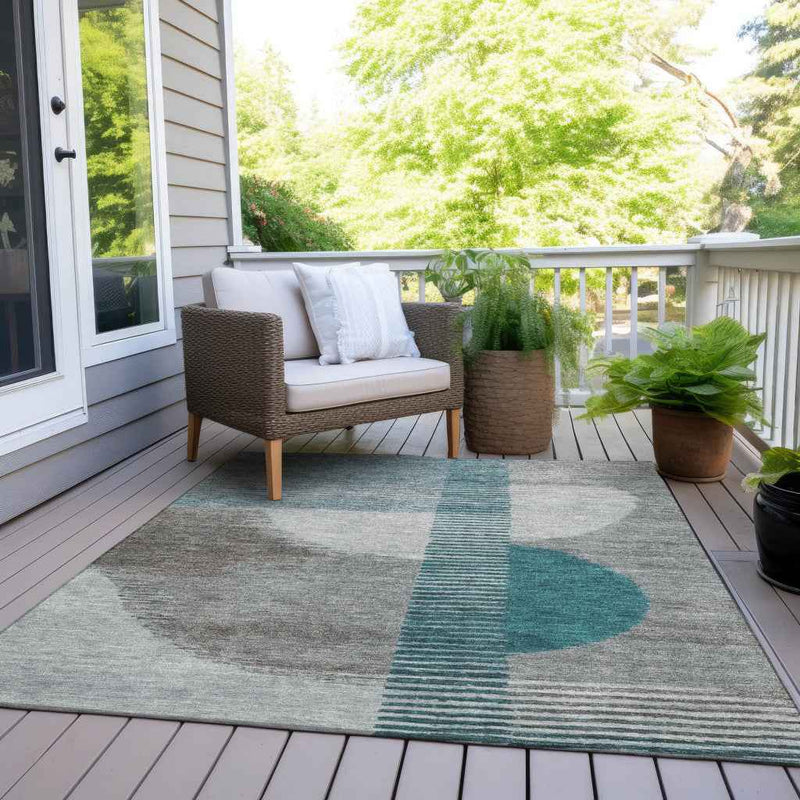 5' X 8' Teal Blue And Gray Geometric Washable Indoor Outdoor Area Rug