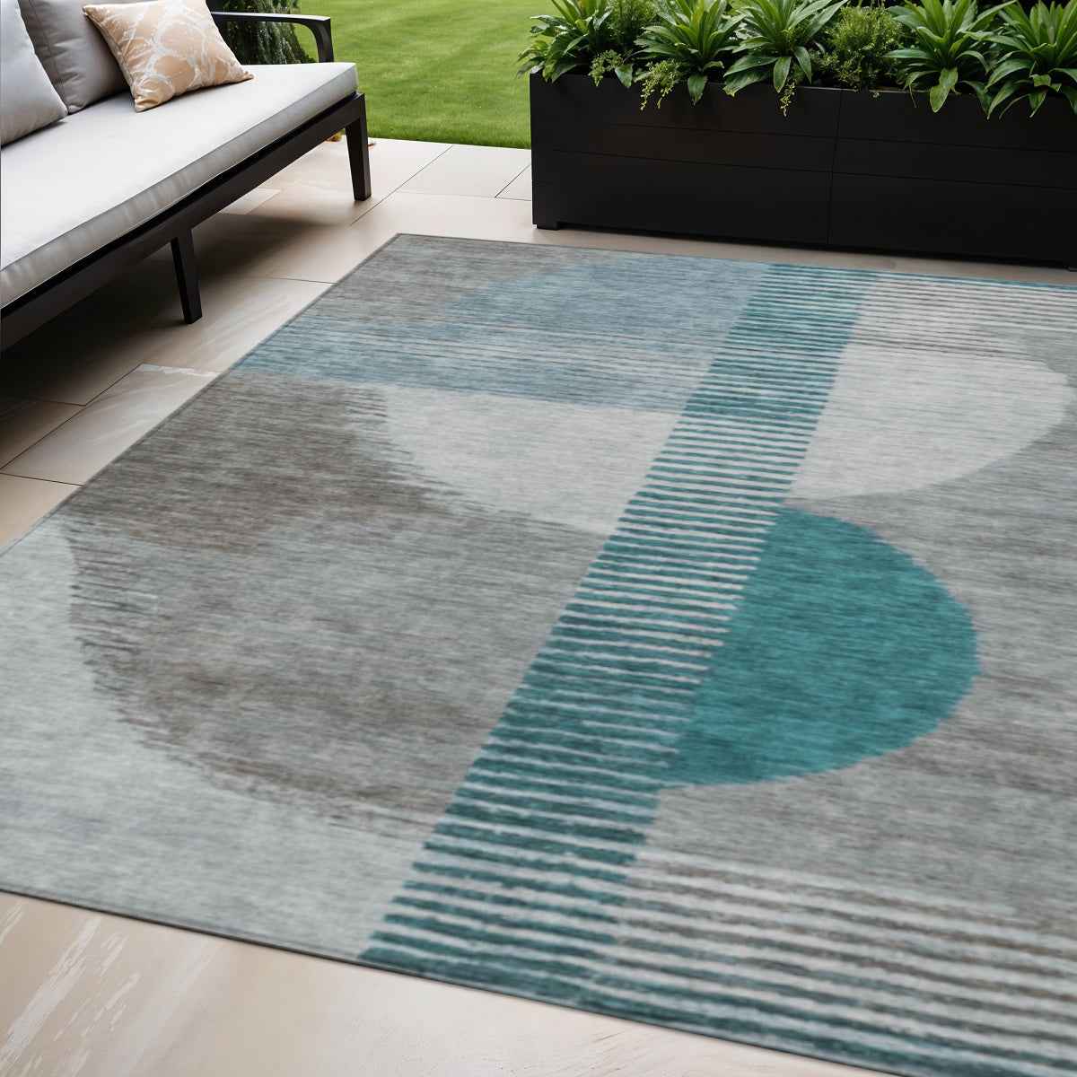 5' X 8' Teal Blue And Gray Geometric Washable Indoor Outdoor Area Rug