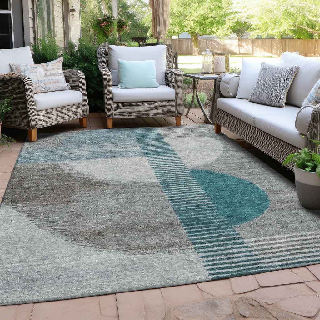 5' X 8' Teal Blue And Gray Geometric Washable Indoor Outdoor Area Rug