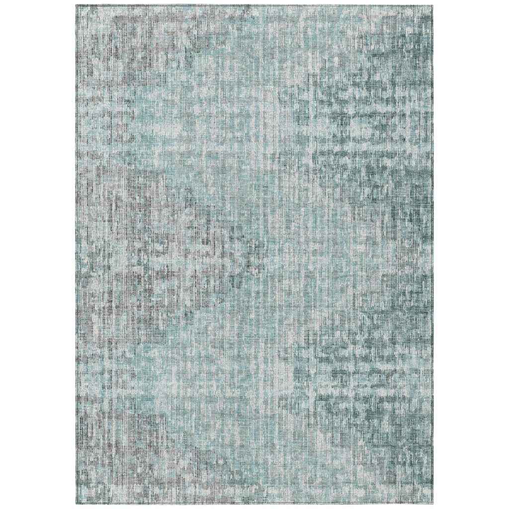 10' X 14' Teal Blue And Ivory Geometric Washable Indoor Outdoor Area Rug