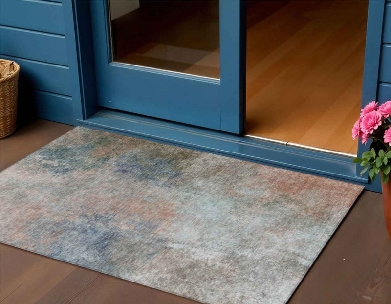 3' X 5' Copper And Navy Blue Abstract Washable Indoor Outdoor Area Rug