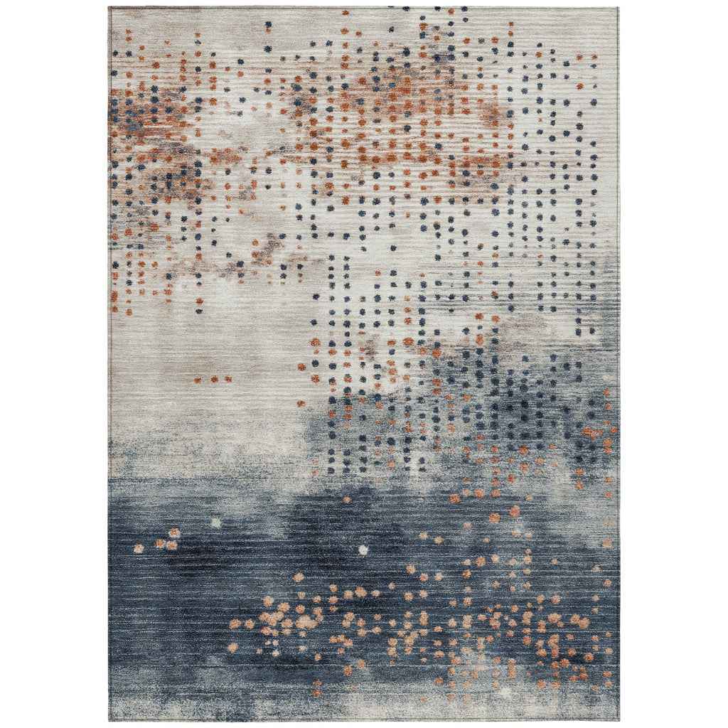 8' X 10' Linen And Navy Blue Geometric Washable Indoor Outdoor Area Rug