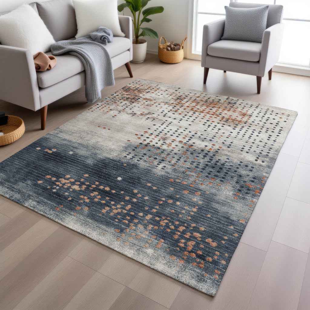 8' X 10' Linen And Navy Blue Geometric Washable Indoor Outdoor Area Rug