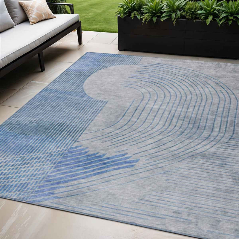 5' X 8' Blue And Gray Geometric Washable Indoor Outdoor Area Rug