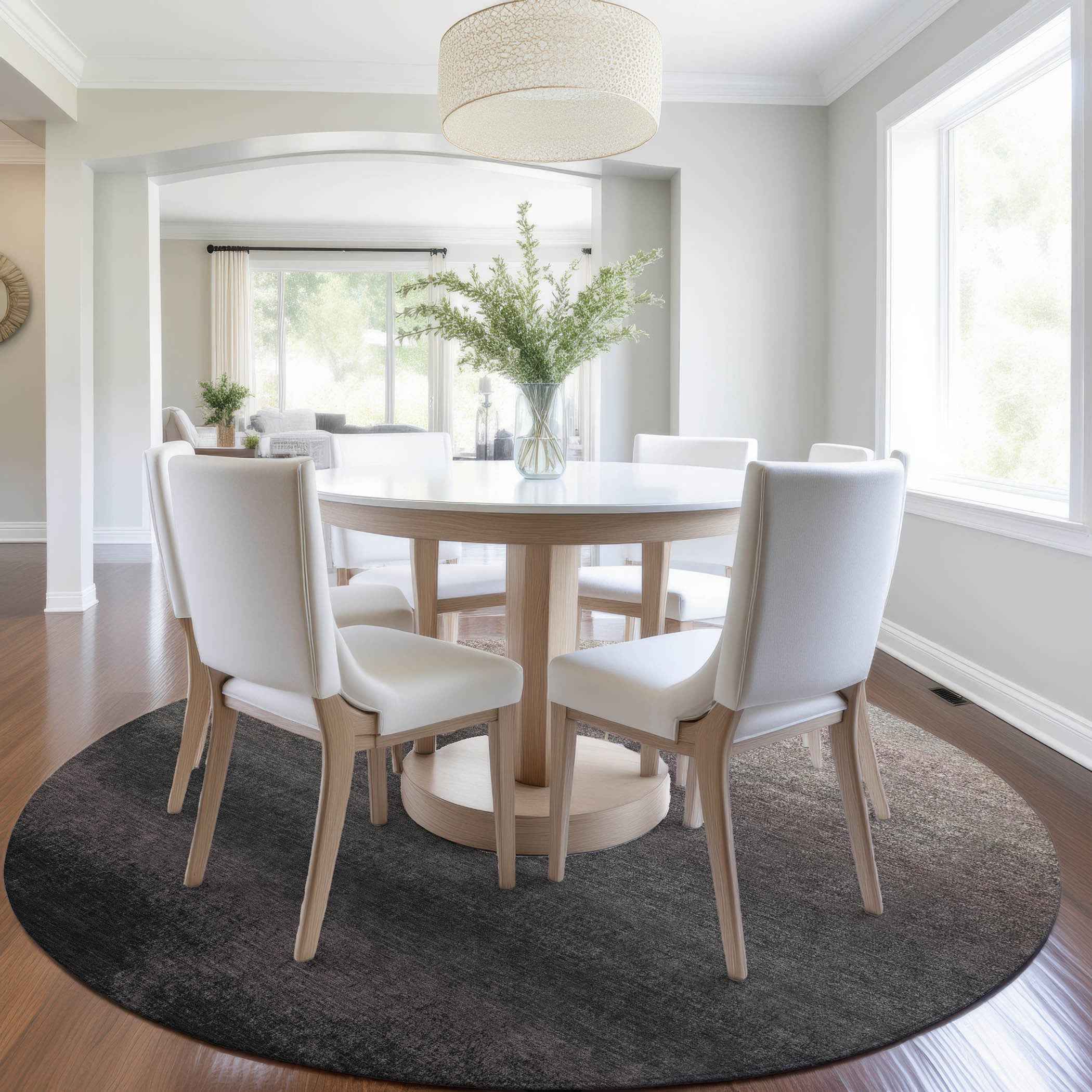 8' Black And Silver Round Ombre Washable Indoor Outdoor Area Rug