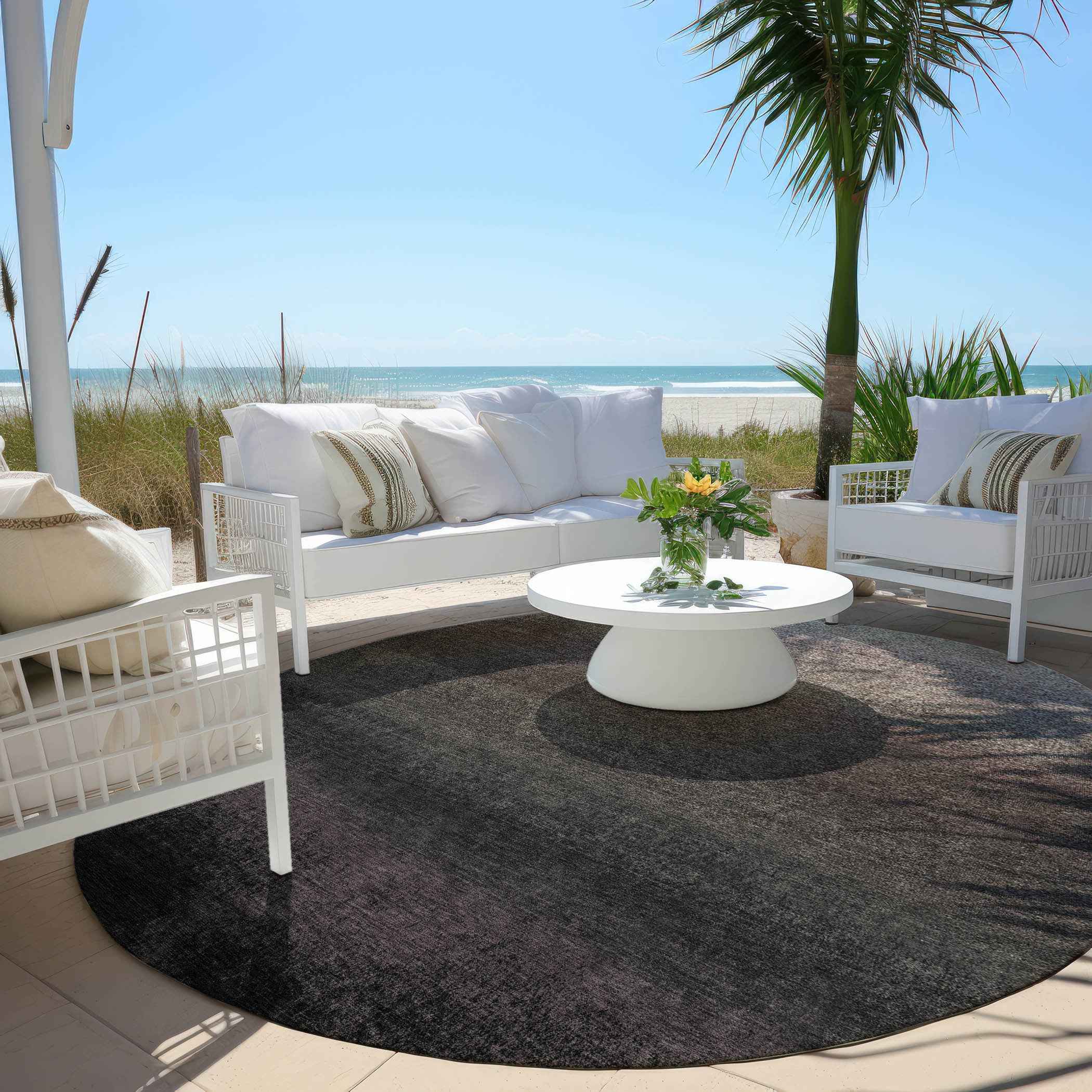 8' Black And Silver Round Ombre Washable Indoor Outdoor Area Rug