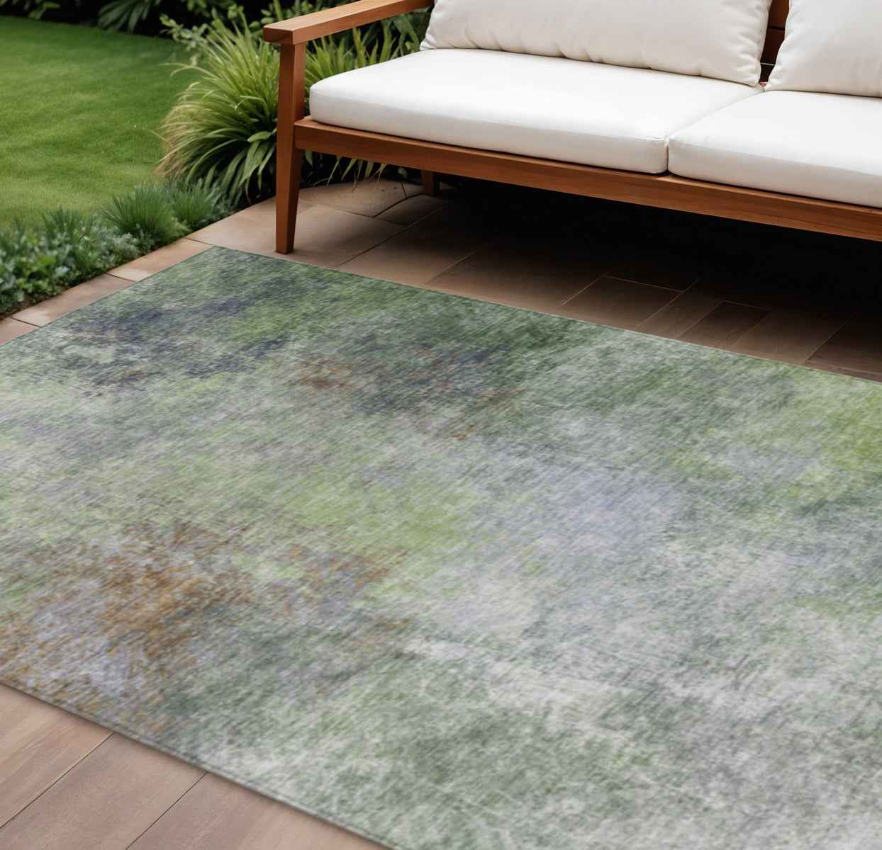 9' X 12' Fern Green And Copper Abstract Washable Indoor Outdoor Area Rug