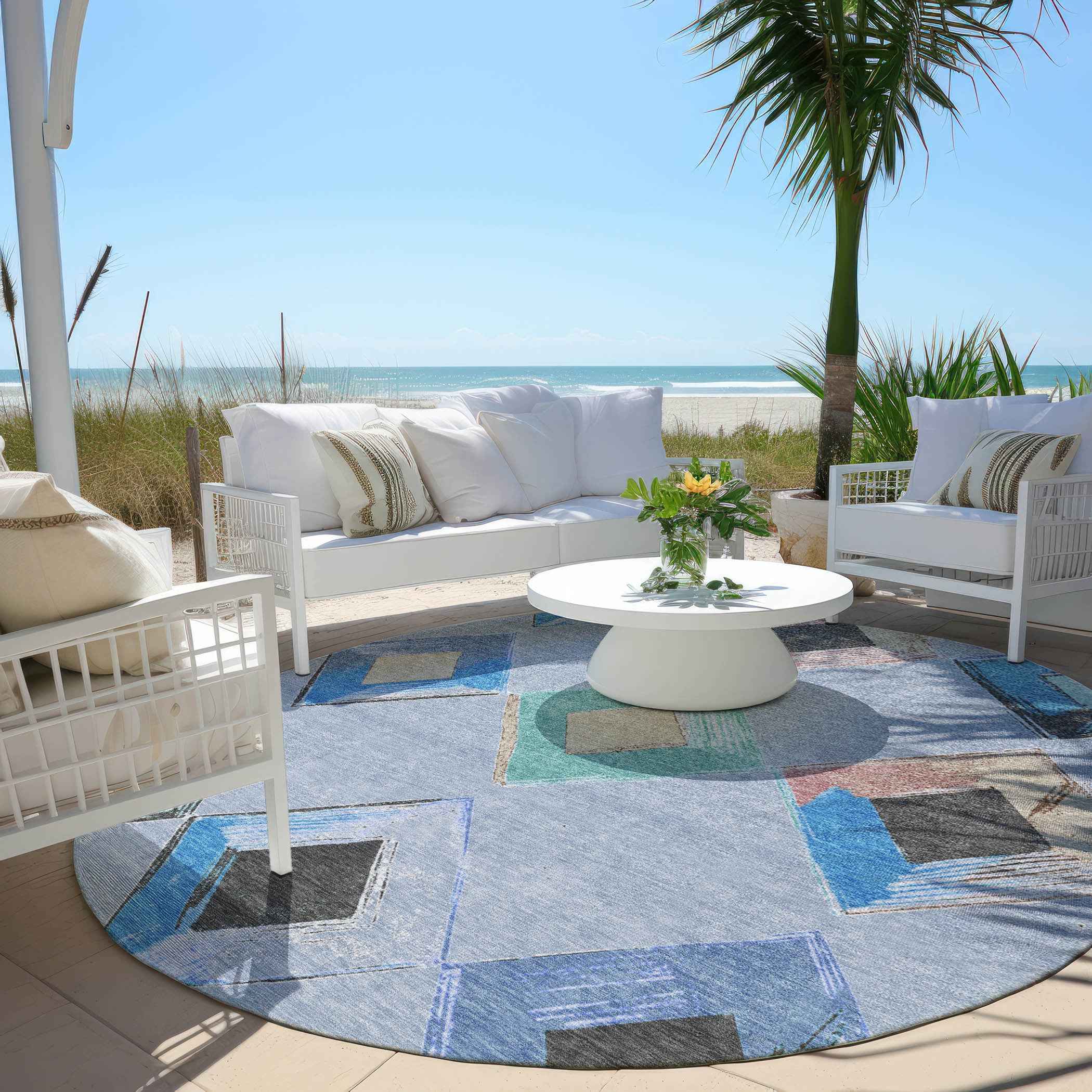 8' Denim Blue Mint Green And Gray Round Geometric Washable Indoor Outdoor Area Rug