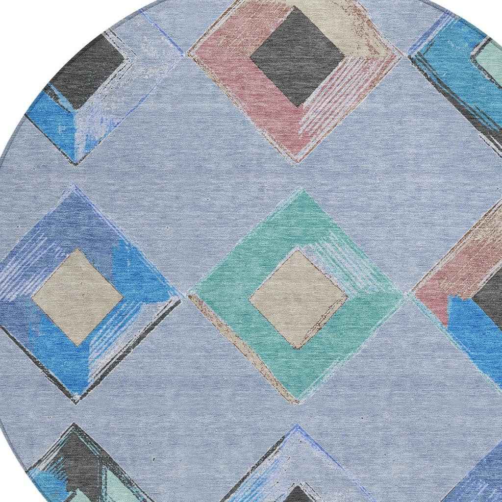8' Denim Blue Mint Green And Gray Round Geometric Washable Indoor Outdoor Area Rug