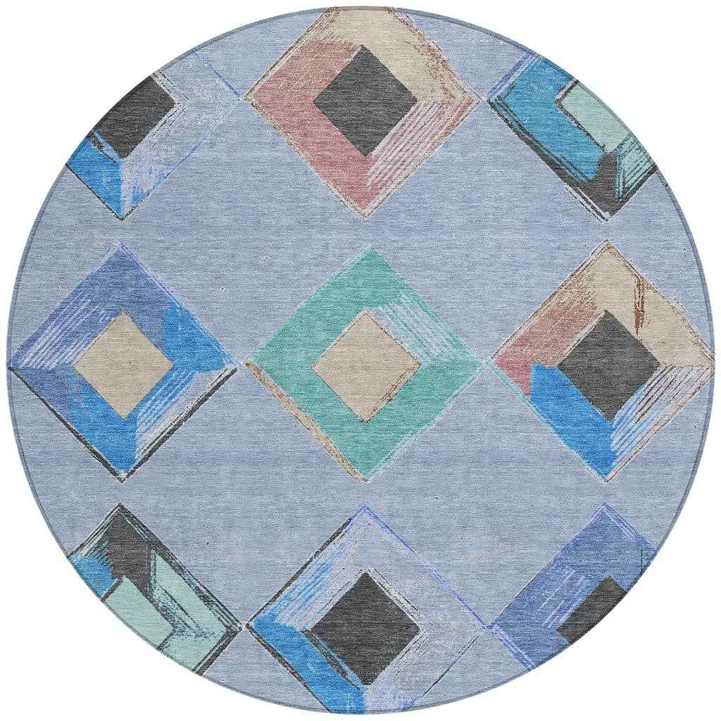 8' Denim Blue Mint Green And Gray Round Geometric Washable Indoor Outdoor Area Rug