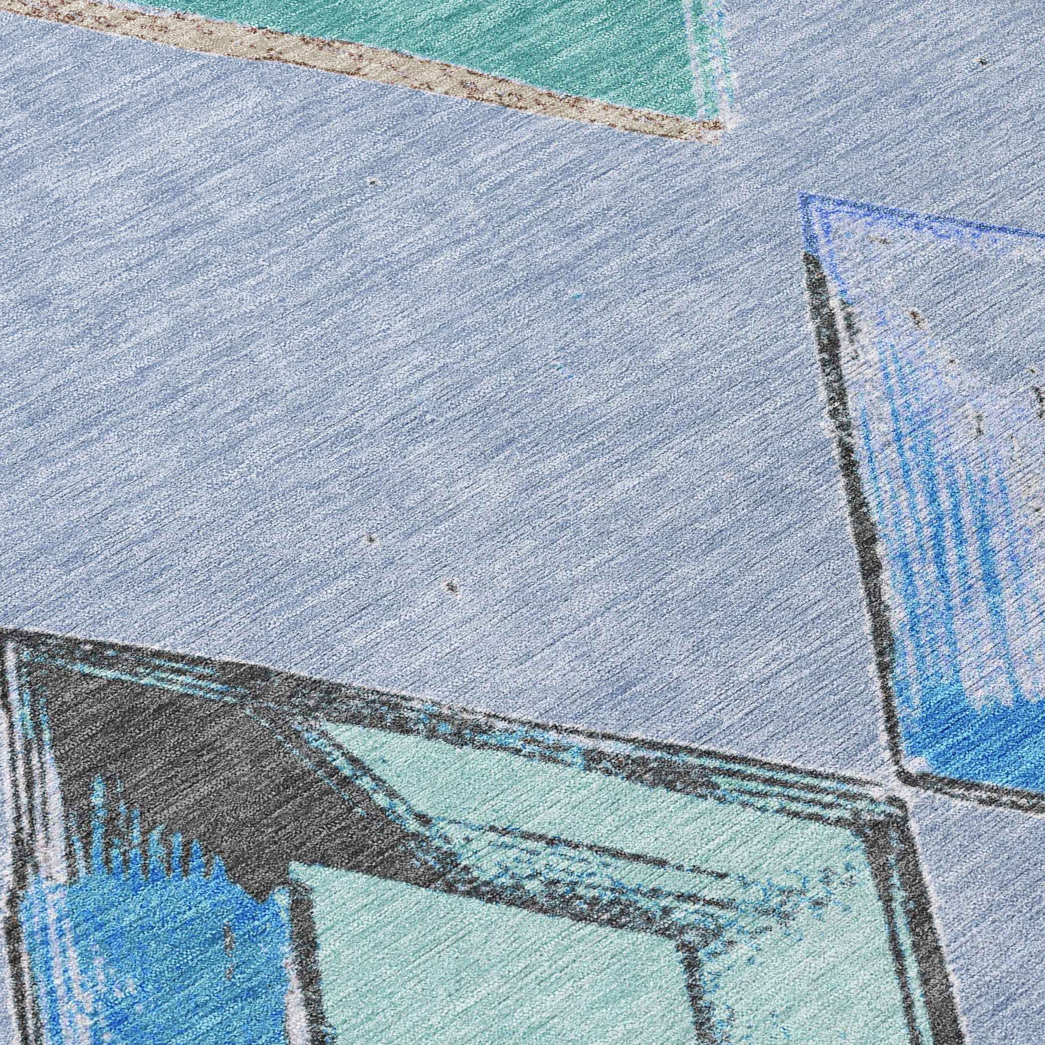 8' Denim Blue Mint Green And Gray Round Geometric Washable Indoor Outdoor Area Rug