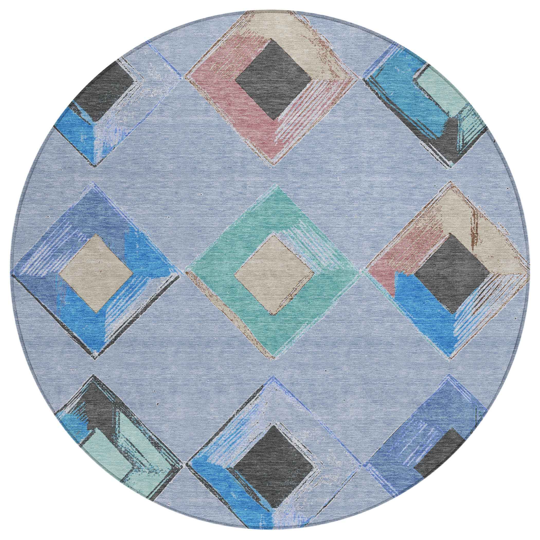8' Denim Blue Mint Green And Gray Round Geometric Washable Indoor Outdoor Area Rug