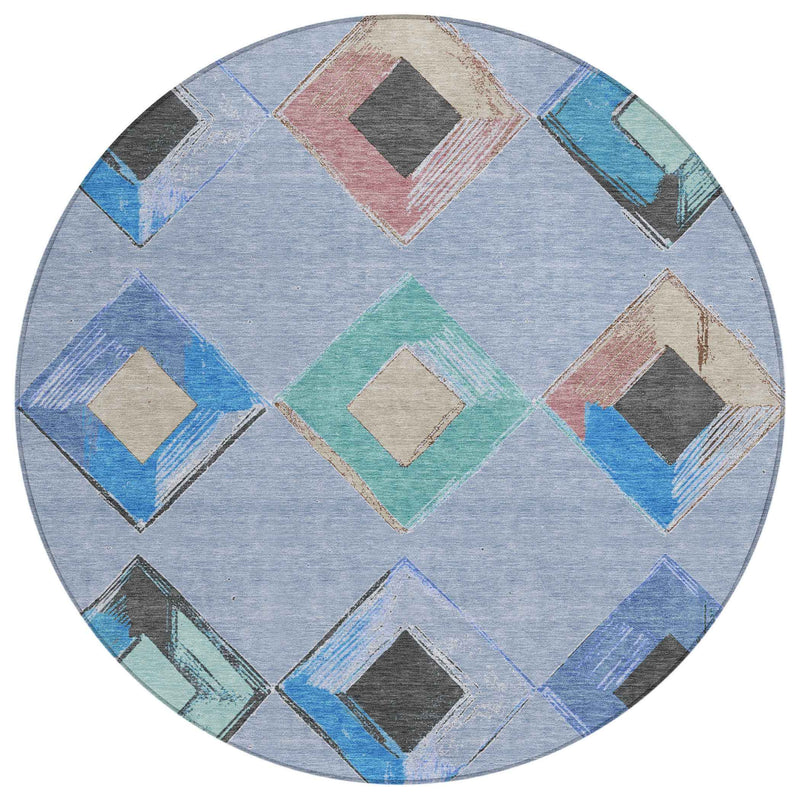 8' Denim Blue Mint Green And Gray Round Geometric Washable Indoor Outdoor Area Rug