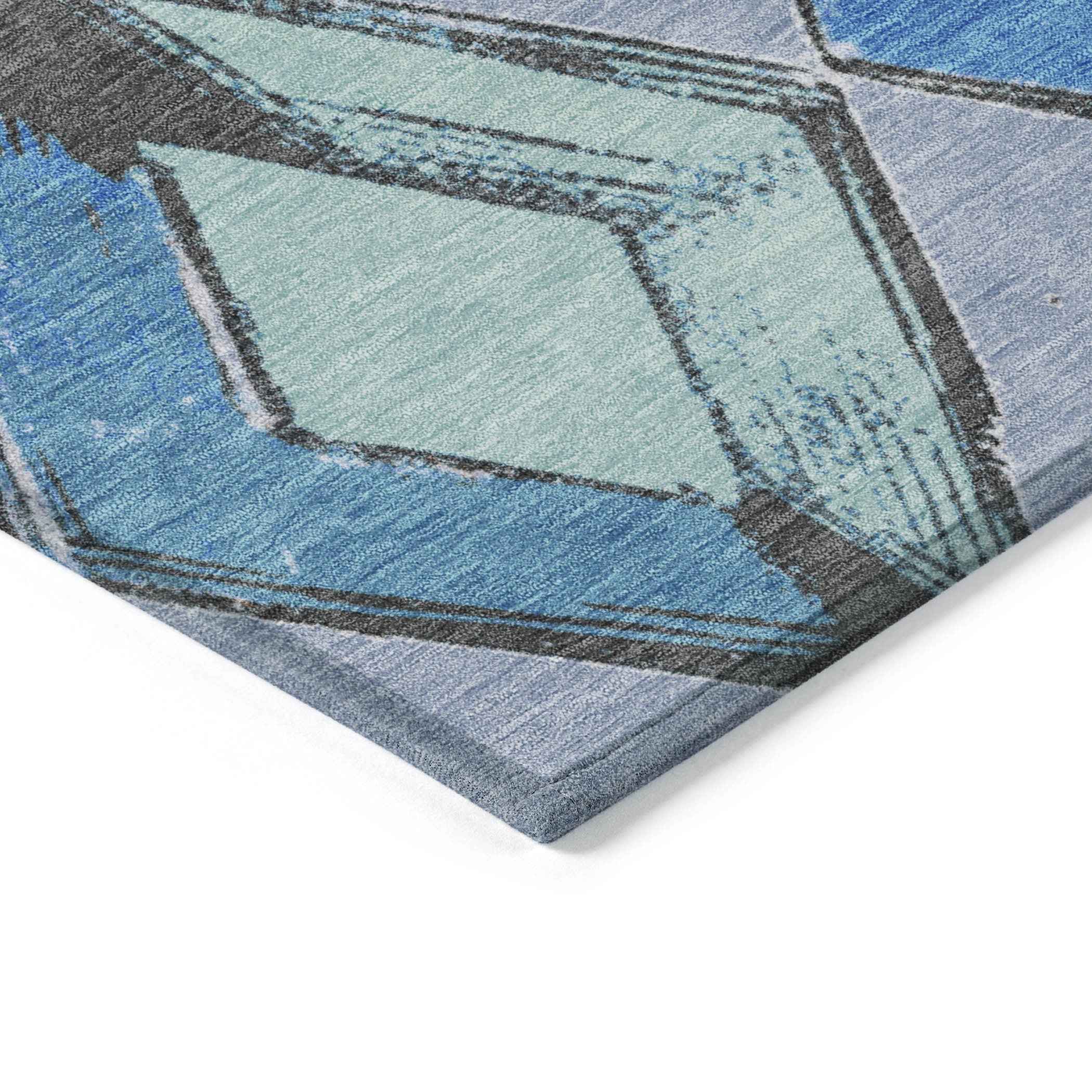 8' Denim Blue Mint Green And Gray Round Geometric Washable Indoor Outdoor Area Rug