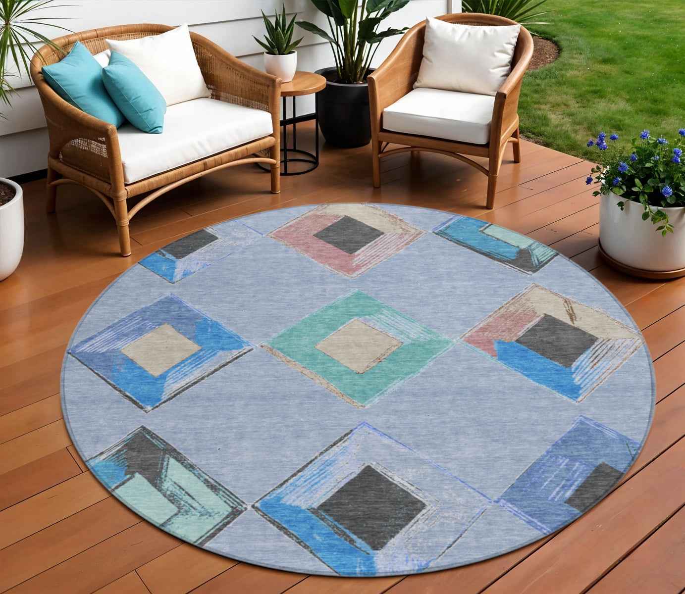 8' Denim Blue Mint Green And Gray Round Geometric Washable Indoor Outdoor Area Rug