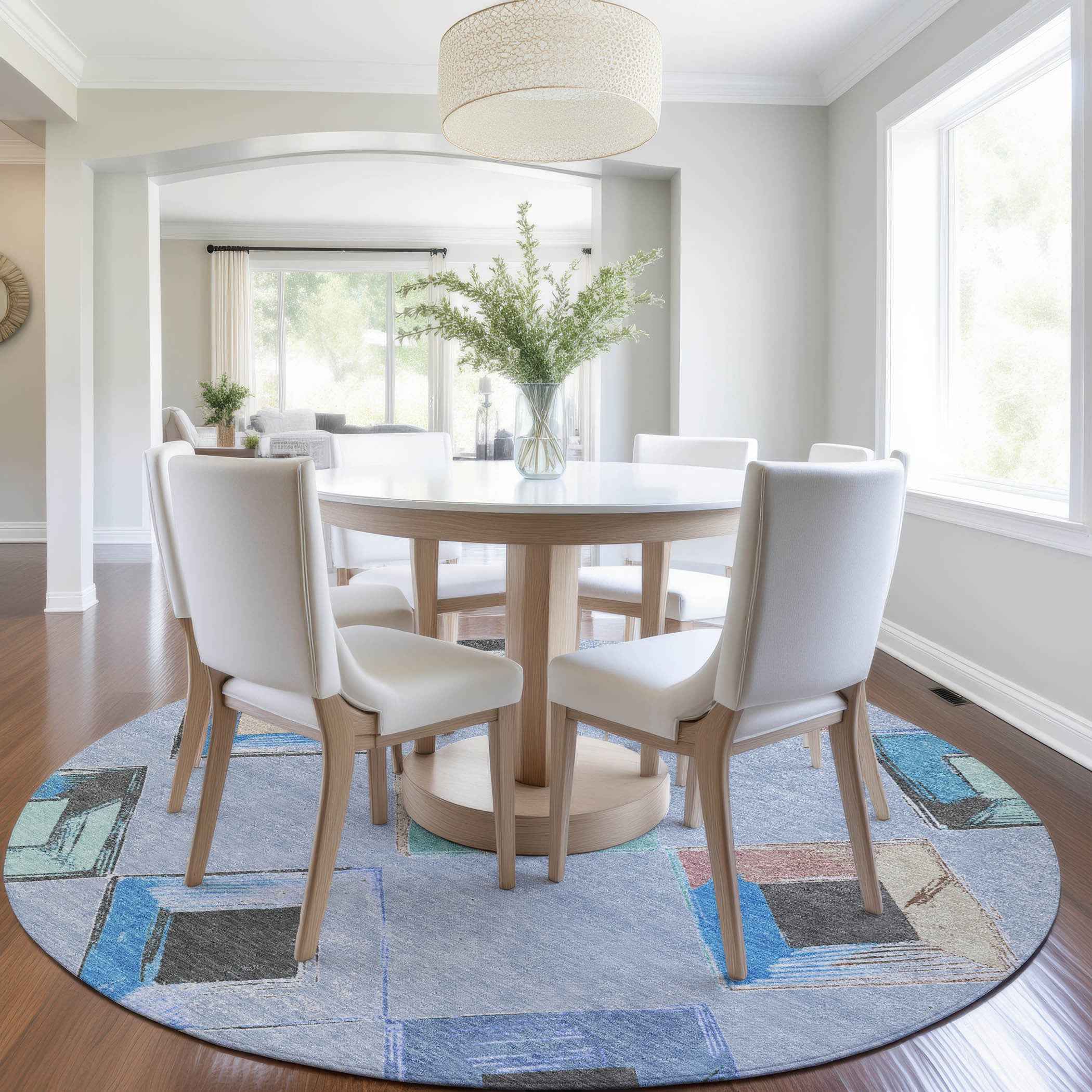 8' Denim Blue Mint Green And Gray Round Geometric Washable Indoor Outdoor Area Rug