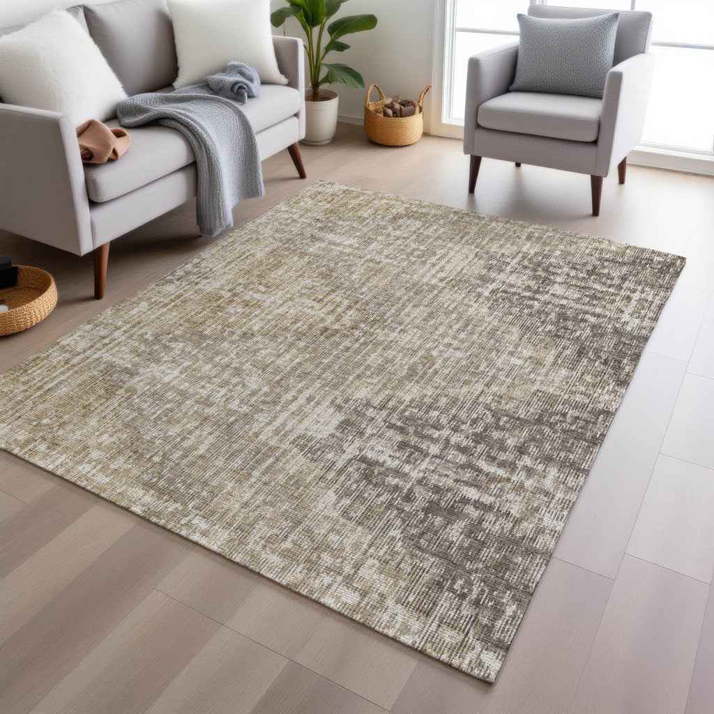 8' X 10' Khaki And Beige Geometric Washable Indoor Outdoor Area Rug
