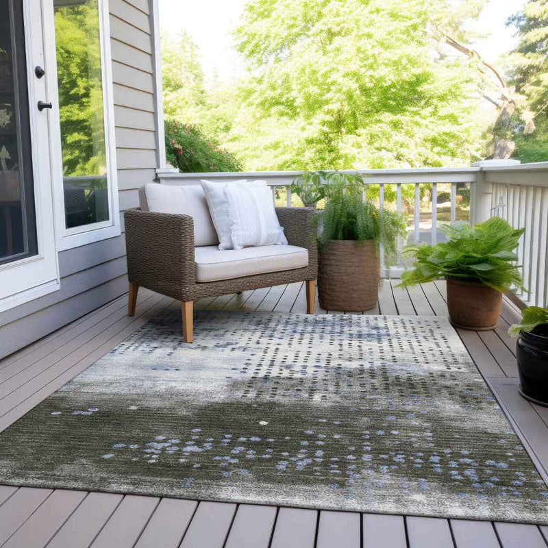 8' X 10' Denim Blue And Brown Geometric Washable Indoor Outdoor Area Rug