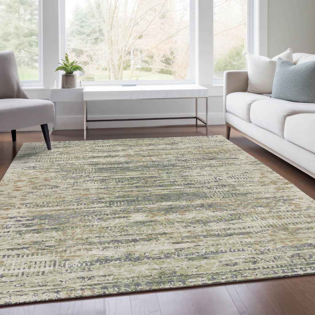 8' X 10' Artichoke Green And Beige Moroccan Washable Indoor Outdoor Area Rug