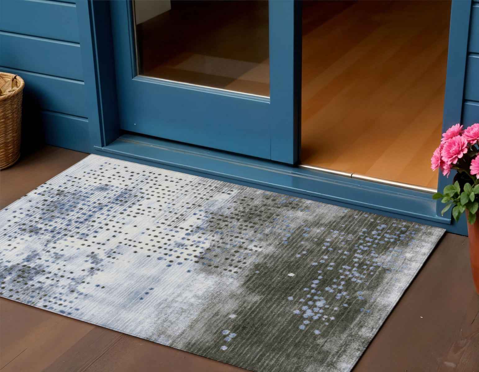 3' X 5' Denim Blue And Brown Geometric Washable Indoor Outdoor Area Rug