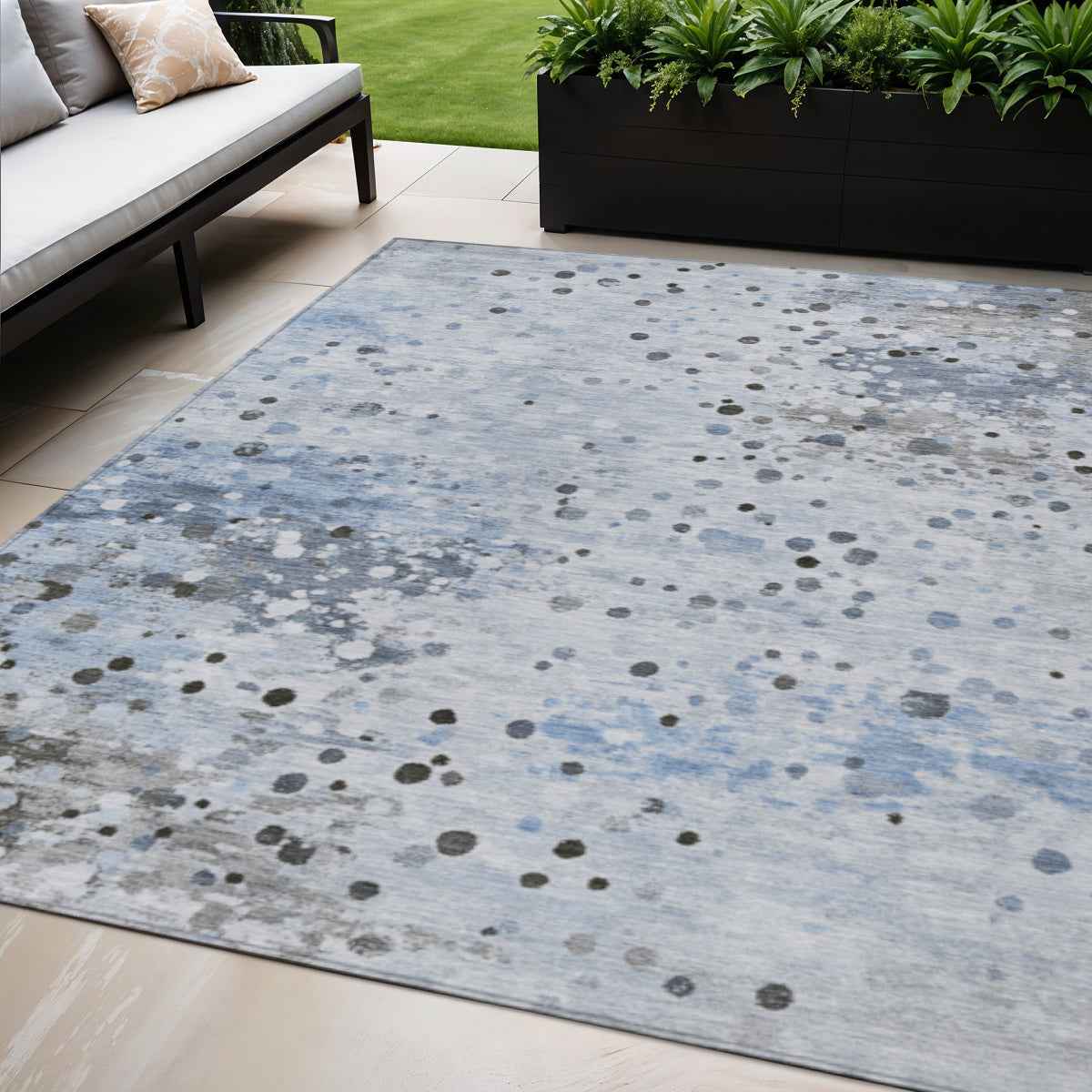 5' X 8' Sky Blue And Gray Abstract Washable Indoor Outdoor Area Rug