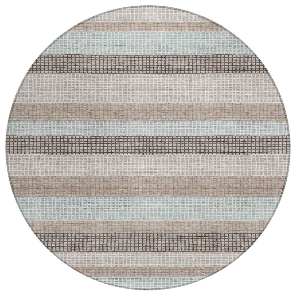 8' Taupe And Ivory Round Striped Washable Indoor Outdoor Area Rug